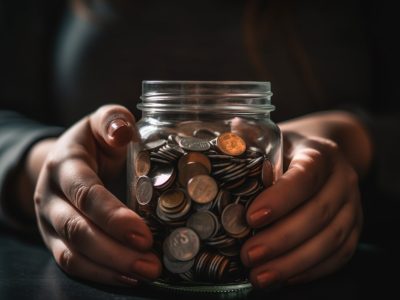 Hand holding coin bank, symbolizing wealth growth generated by artificial intelligence