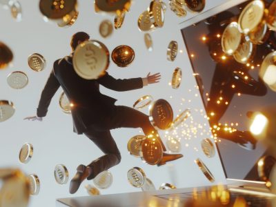 A man is jumping in the air with a lot of gold coins around him. Concept of excitement and wealth